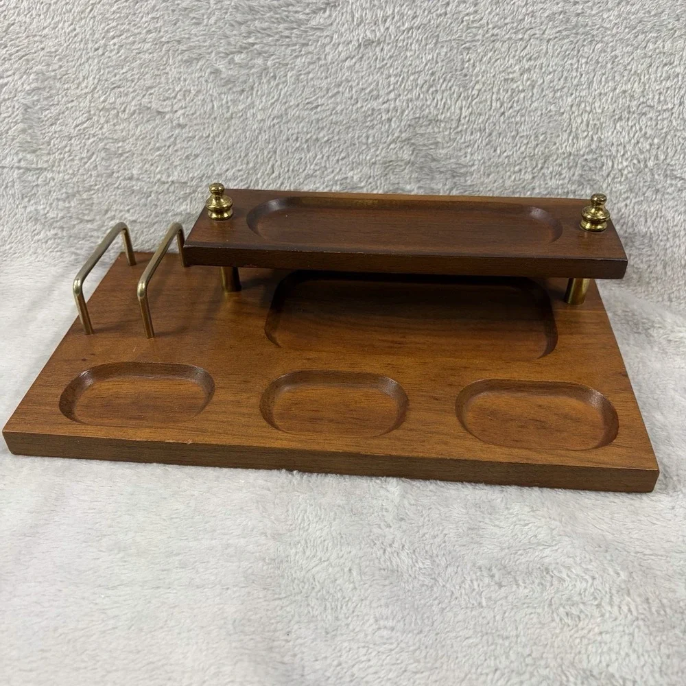 Vintage Two Tier Wood Dresser Valet Brass Legs Coin Tray Watch Holder Caddy